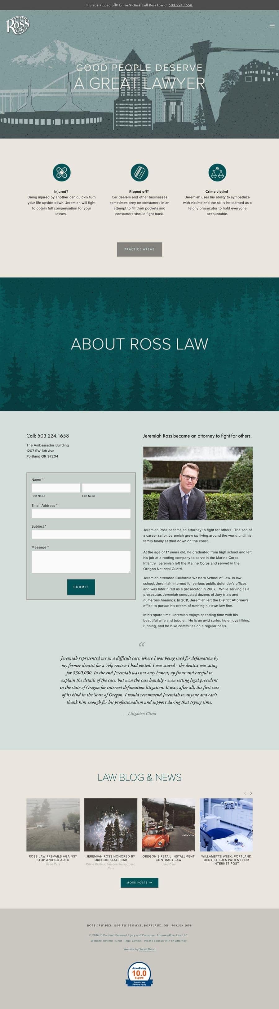  Website design for Portland attorney Jeremiah Ross, rosslawpdx.com; Design by Sarah Moon - sarahmoon.net 
