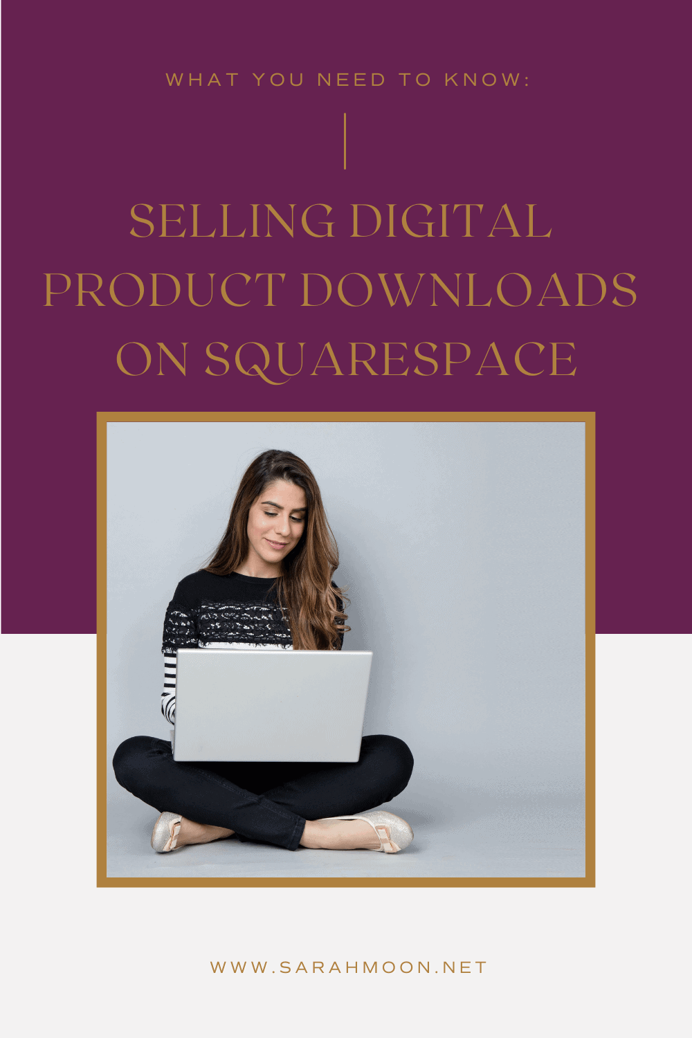Female entrepreneur sits with laptop and researches digital product downloads Squarespace for her mission led business