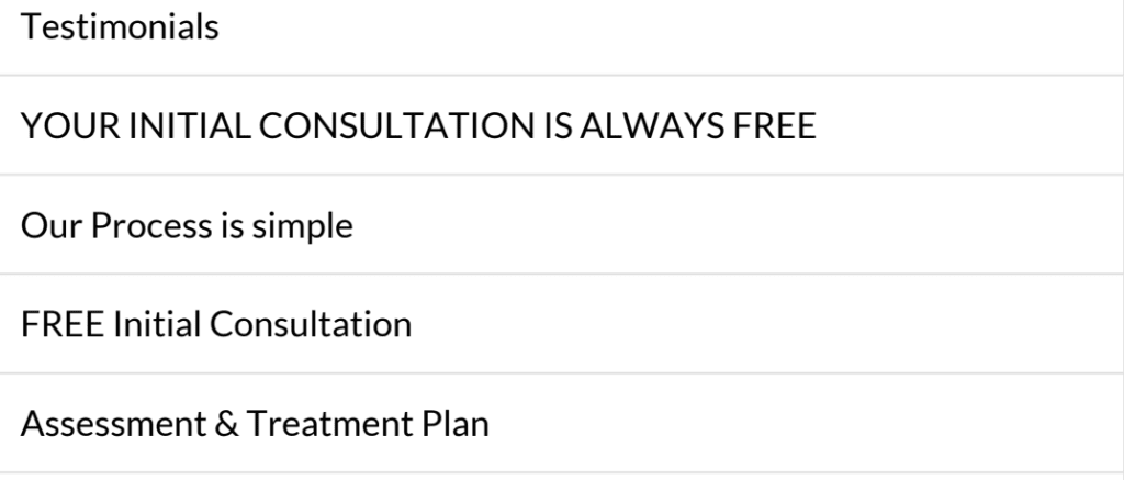 Example of poor heading structure for SEO: This one has random words like "Testimonials" and "FREE Initial Consultation" as the headings.