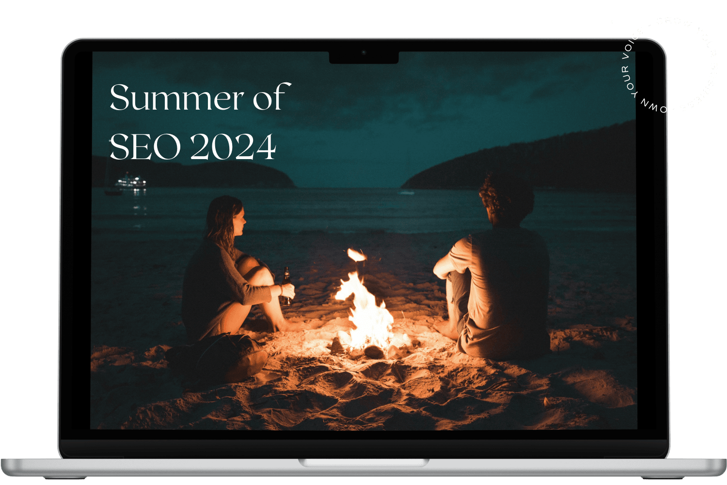 Laptop with campfire photo reading "Summer of SEO 2024"